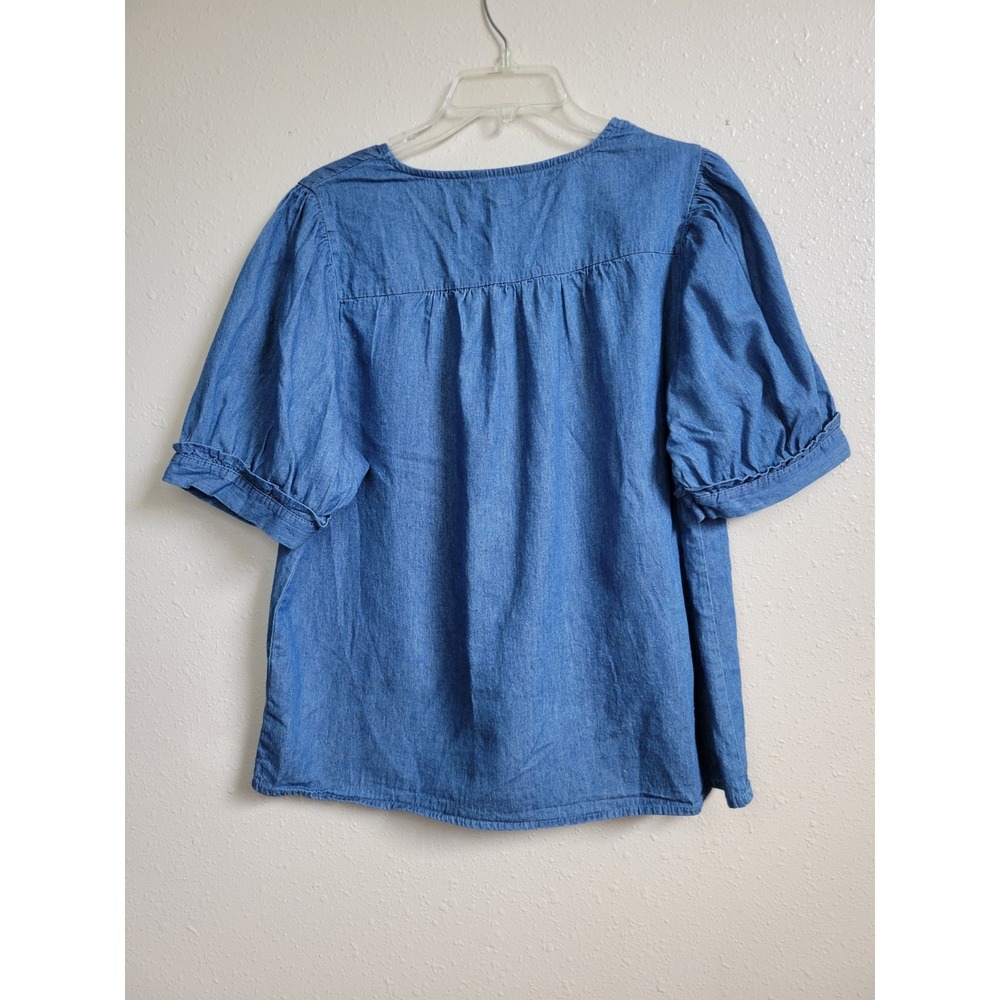 Draper James Chambray Heidi V-Neck Puff Sleeve Denim Blue Women's Top Sz L - Picture 2 of 8